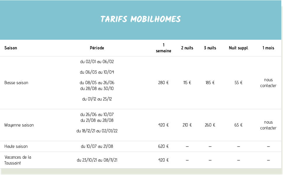 tarifs camping manu